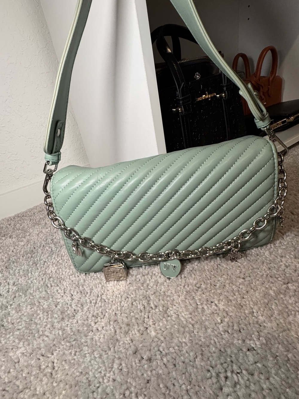Steve Madden Quilted Shoulder Bag with Chain Charm - Mint